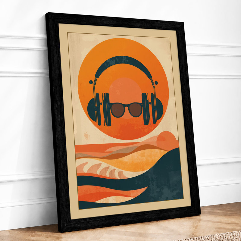 Headphones & Sunglasses Retro - Framed Print, A2 - 59.4 x 42.0 cm, Black