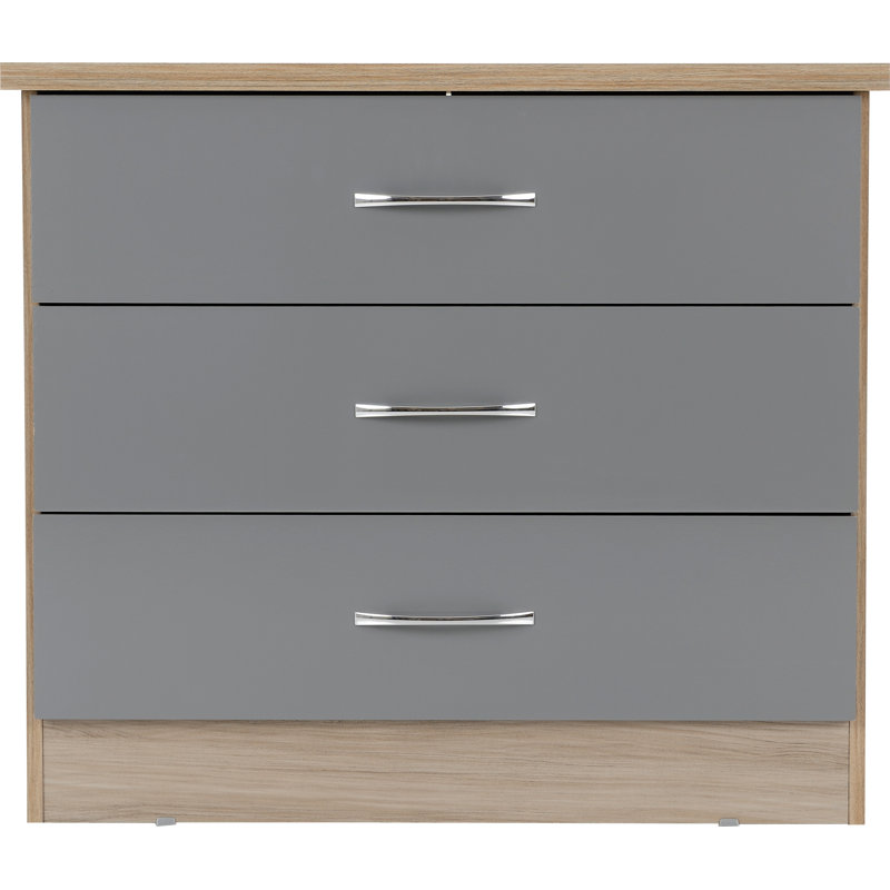 Cascio 3 Drawer Chest Of Drawers, Grey Gloss/Light Oak Effect Veneer