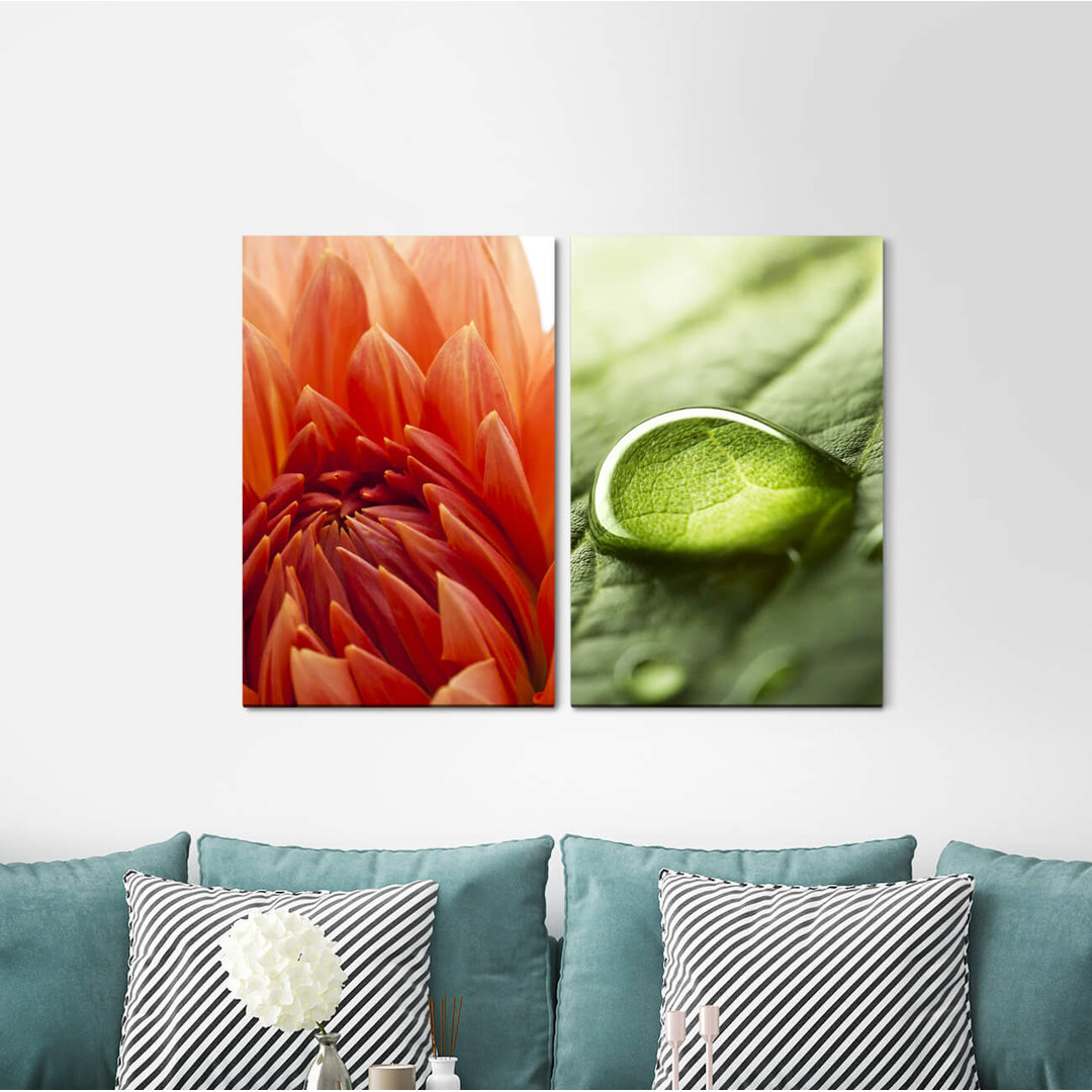 2-tlg. Leinwandbilder-Set - Fotografie „Dahlia Red Blossom Water Raindrops Green Plant Relaxing”