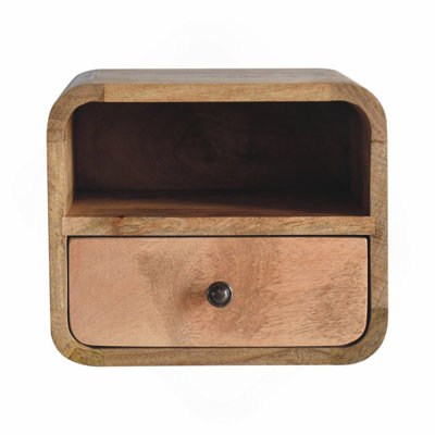 Mini Wall-Mounted Curved Oak-ish Nightstand with Open Slot, 1-Drawer, Light Brown