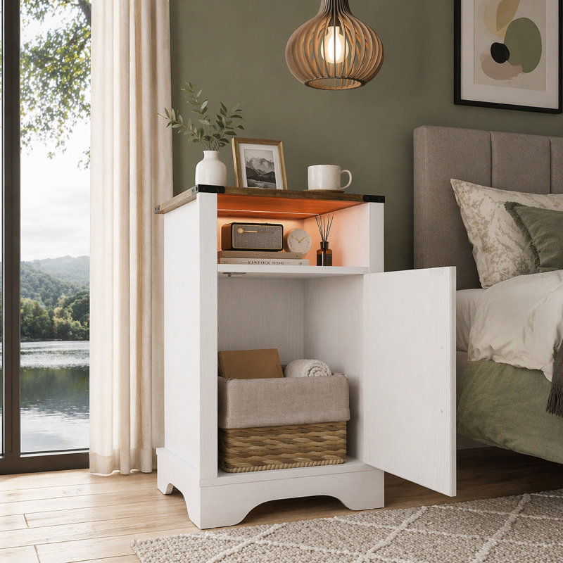 Table de chevet à DEL avec station de charge avec armoire de rangement et tablette pour chambre à coucher, salon, chêne blanc et rustique