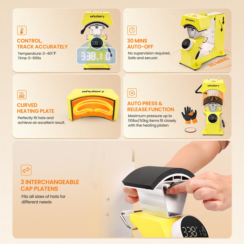 3 In 1 Hat Press Heat Machine For Caps, Yellow
