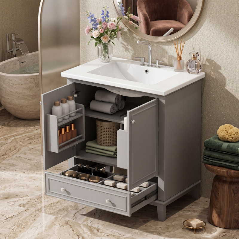 Ensemble de meuble-lavabo 30 po avec lavabo, armoire de rangement multifonctionnelle avec tiroir et portes d'armoire, structure solide et panneau de fibres à densité moyenne