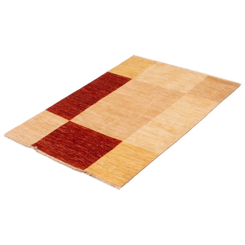 Tapis unique en laine noué à la main 4 pi 1 po x 5 pi 9 po nouvel âge Graeagle en crème / rouge foncé / kaki clair