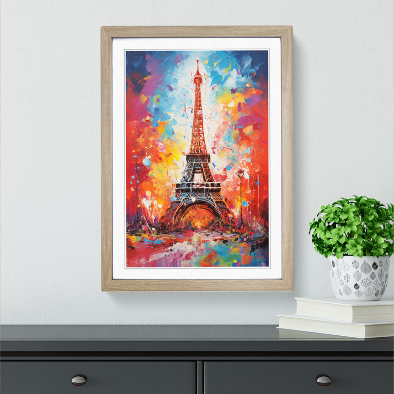 Eiffel Tower Action Painting No.2 - Single Picture Frame Print on Wood, Oak, 46" H x 34" W x 2" D