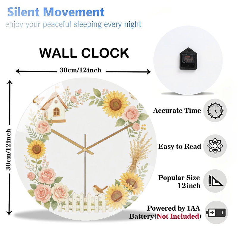 Horloge murale silencieuse en verre trempé de 30 cm, motif « Couronne florale avec 1 », sans tic-tac, fonctionne avec des piles AA (non incluses), décoration artistique pour la maison