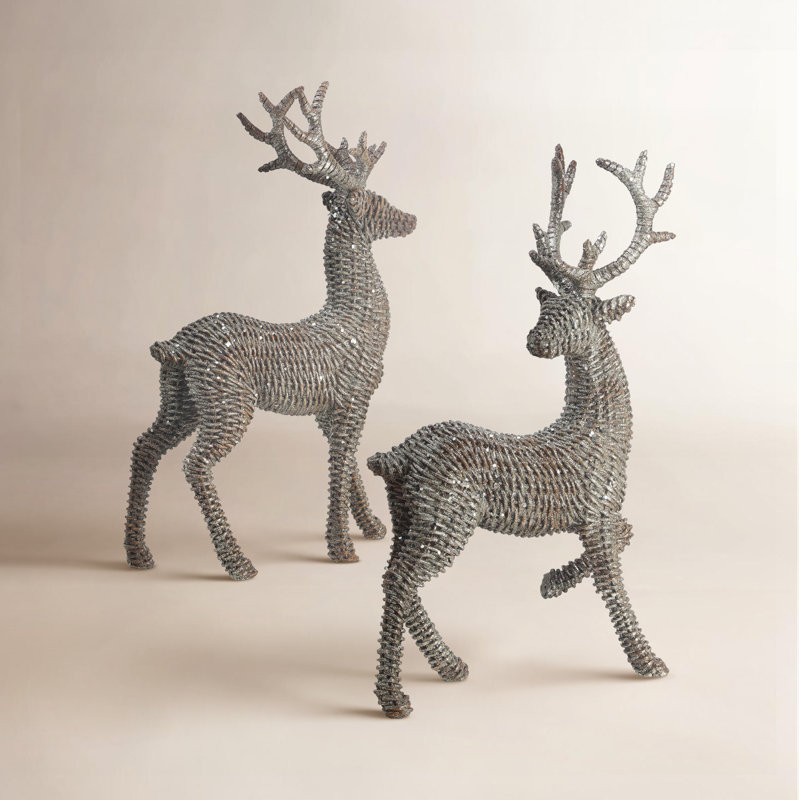 Résine, paillettes, rotin, debout, ensemble de 2 cerfs