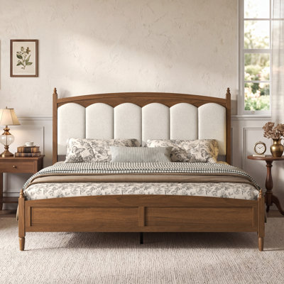 King Size Wood Platform Bed Frame, Vintage Farmhouse Bed Frame, Teddy Fleece Scalloped Upholstered Headboard, No Box Spring Needed, Noise-Free Sturdy Bed Base