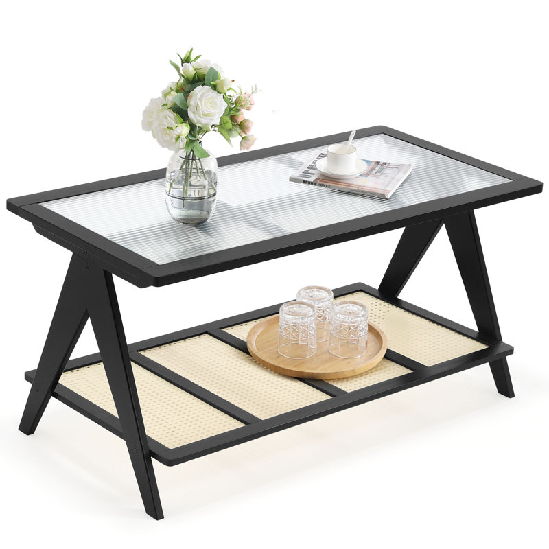 39.4" Glass Top Coffee Table with ABS Rattan Storage Shelf, Black