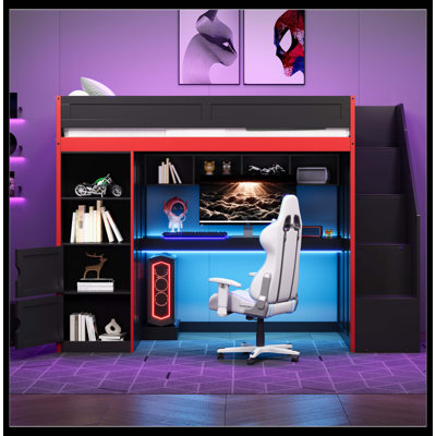 Lit mezzanine simple avec bureau intégré, espace de rangement et lumières DEL