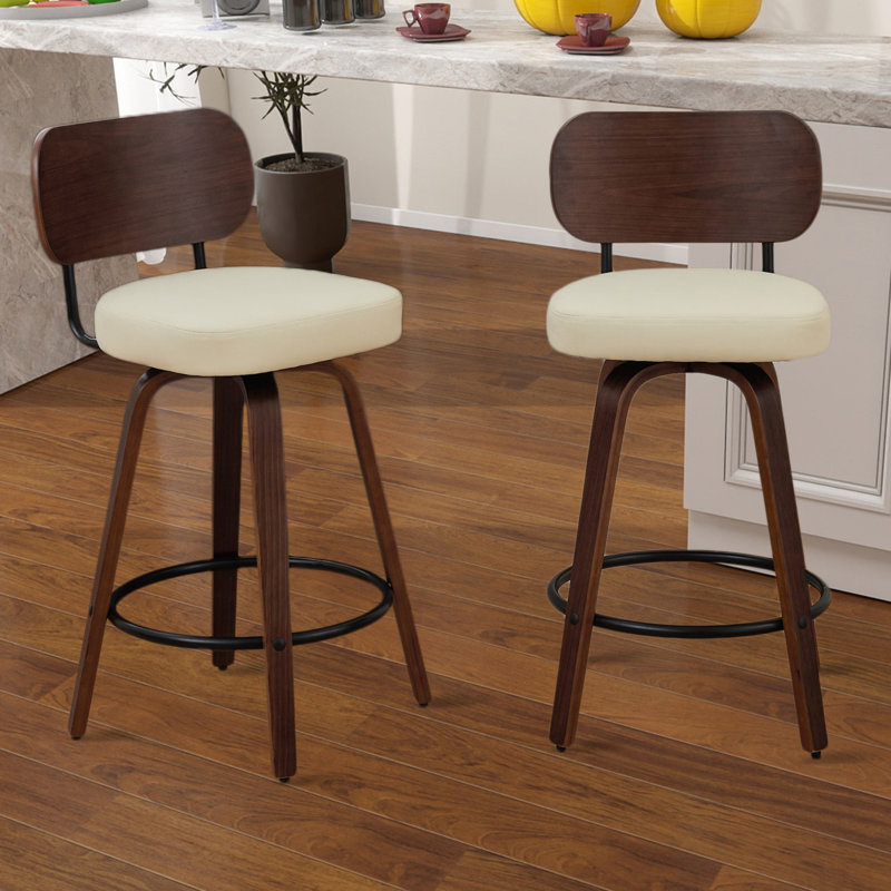 Chaises de bar pivotantes Pu, tabourets de bar rembourrés de style moderne Mid-Century avec pieds en bois, Beige