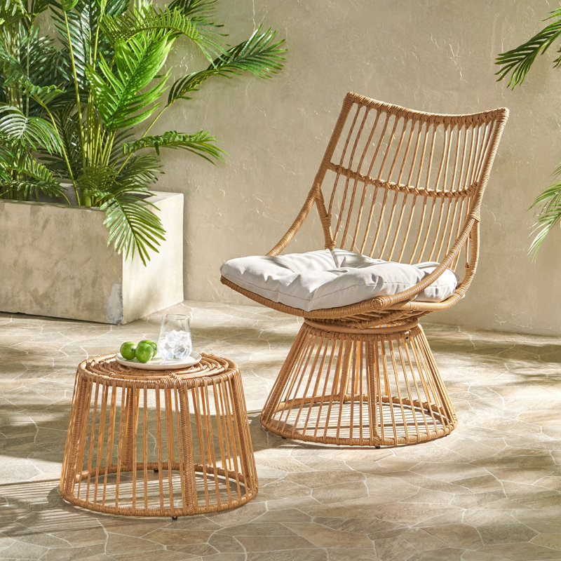 Elaine Chair & Side Table, Beige Cushion/Light Brown Frame