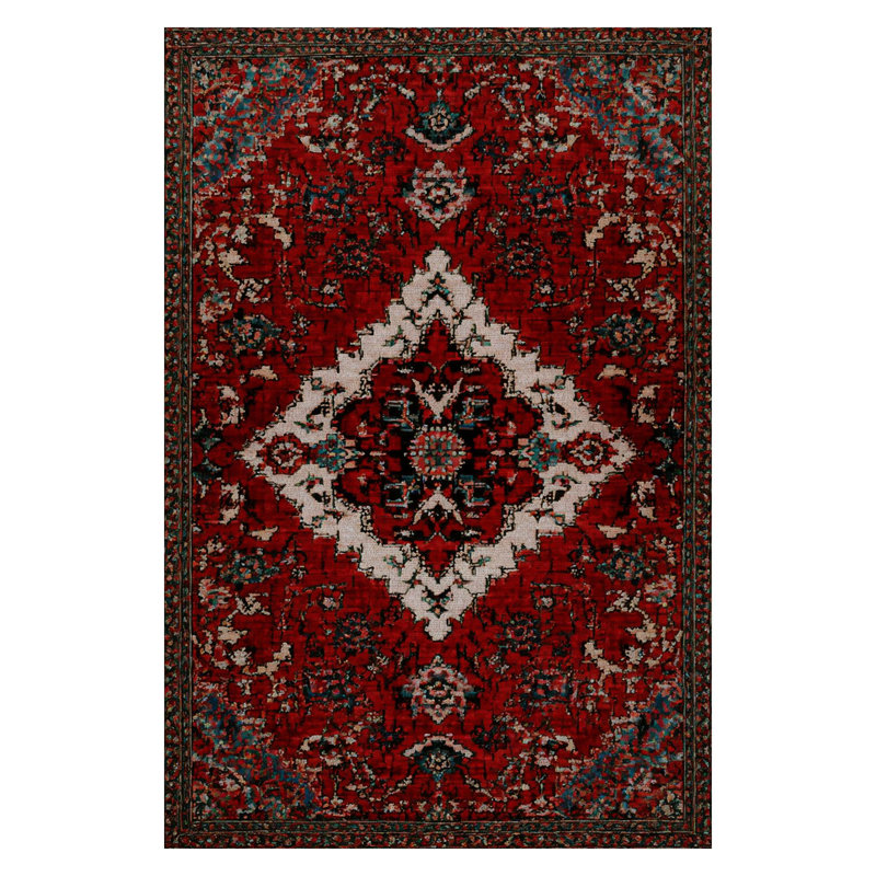 Guria Burgundy Oriental Vintage Look Machine Printed Cotton Chenille Area Rug, Runner 2'8" x 6'7"