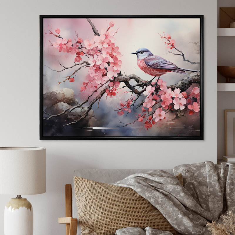 Oiseaux roses et bleus sur un arbre en fleurs de cerisier III - Art mural oiseau, H 24 po x l 32 po x P 1 po