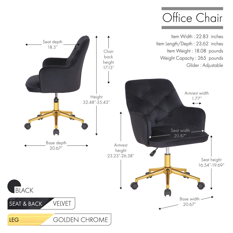 Chaise de bureau en velours Samatha, Velours noir