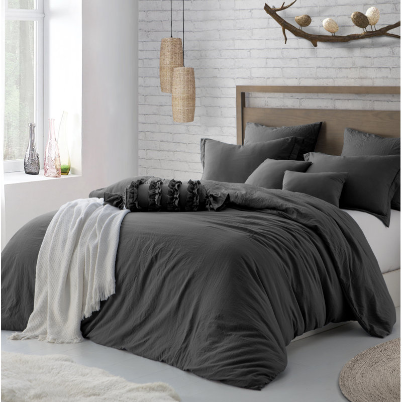 Charcoal Gray Twin/Twin XL Microfiber Crinkle Duvet Cover Set