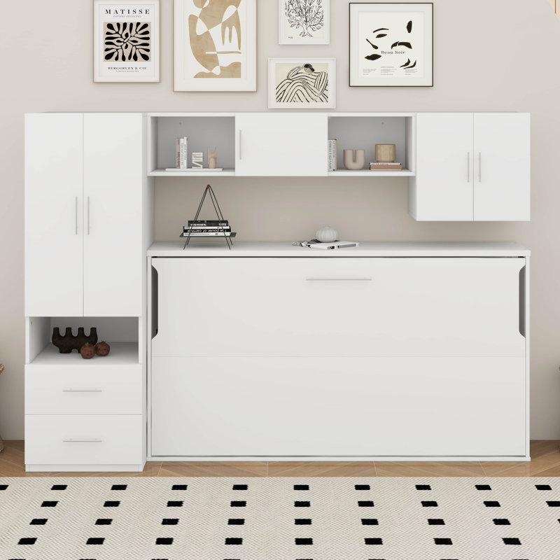 Lit escamotable simple avec tiroirs, tablettes, armoire encastrée et table