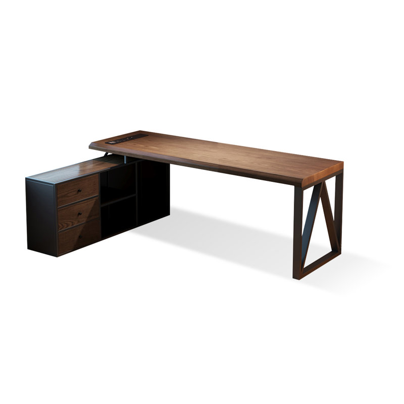 Nut-brown+Black Solid Wood+Iron with 3 drawers desk, 29.53" H x 62.99" W x 23.62" D, Left Hand Return