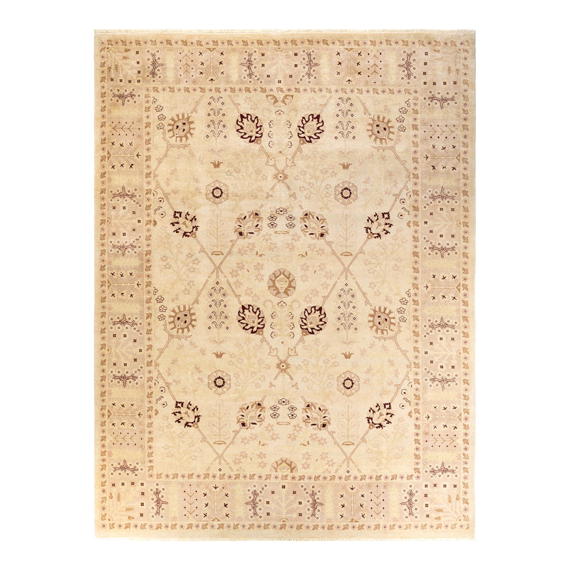 Tapis unique noué à la main ivoire / rouge de 9 pi x 11 pi 10 po