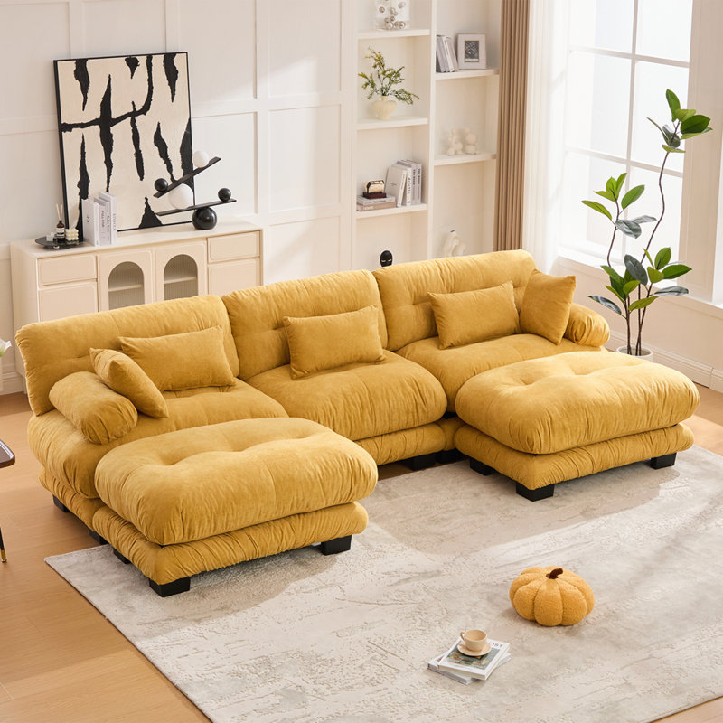 Oversized U-Shaped Sectional Couch with 2 Ottomans and Cloud-look Cushions for Ultimate Comfort, Mustard Yellow Velvet