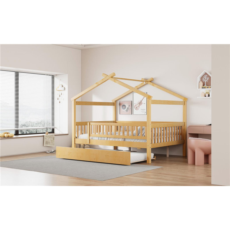 House Bed With Trundle, Natural, Full