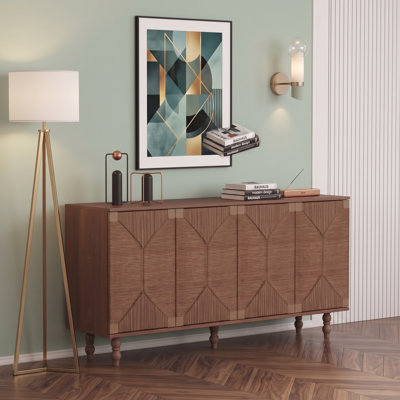 Buffet de 59 po de largeur, buffet à 4 portes avec tablettes, portes en bois de mer tissé à la main Boho, pieds en bois massif