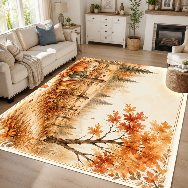 Tapis d'automne (1 pièce) - Motif aquarelle citrouilles et feuilles mortes, décoration chaleureuse pour le salon, lavable, antidérapant, idéal pour la décoration intérieure.