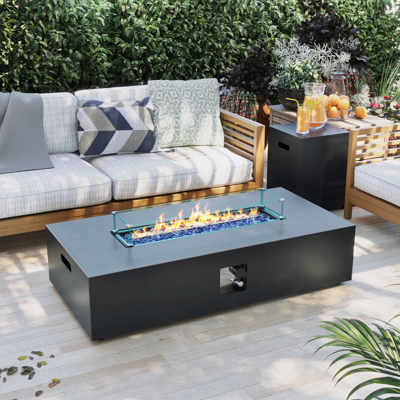  56-Inch Rectangle Iron Gas Fire Pit Table, Includes Tank Cover and Wind Guard, Gray