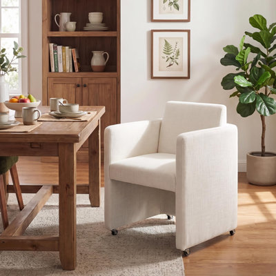 Modern Barrel Dining Chair Set of 1, Upholstered Accent Kitchen Chair with Arms Comfy Linen Fabric Side Chair for Living Room/Home Office