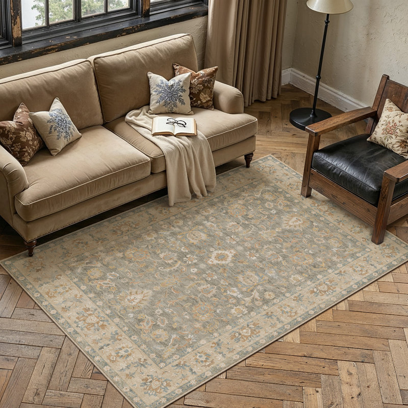Tapis floral lavable à la machine avec envers antidérapant Veyra, Brun, Rectangle 3' x 5'