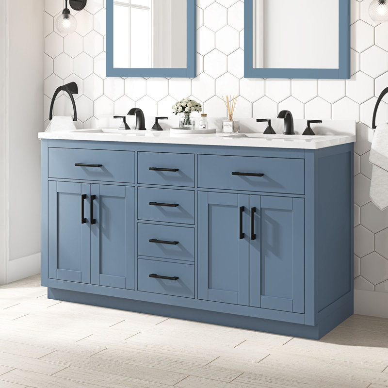 Meuble-lavabo autoportant à double cuve 60 po avec comptoir en pierre blanche et dosseret Bailey, noir mat, Bleu lagune