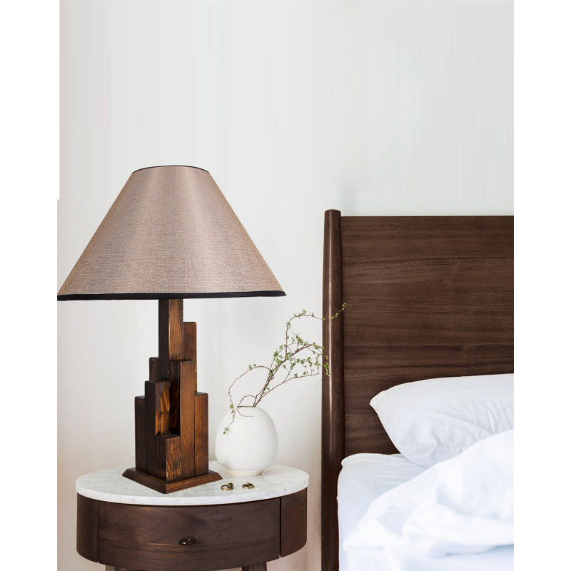 Rustic Wooden Table Lamp with Fabric Shade, Walnut Finish, 11.0 x 11.0 x 22.4 inches | E27 Socket, Max 40W, On/Off Switch on Cable | Ideal for Country-Style Home Decor & Cozy Lighting in Living Rooms & Bedrooms
