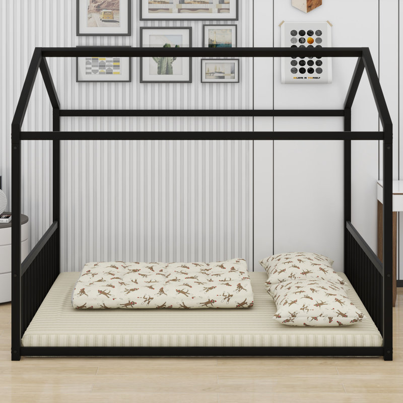 Metal Secure Floor Sleeper With Vertical Guardrails For Boys And Girls​, Black
