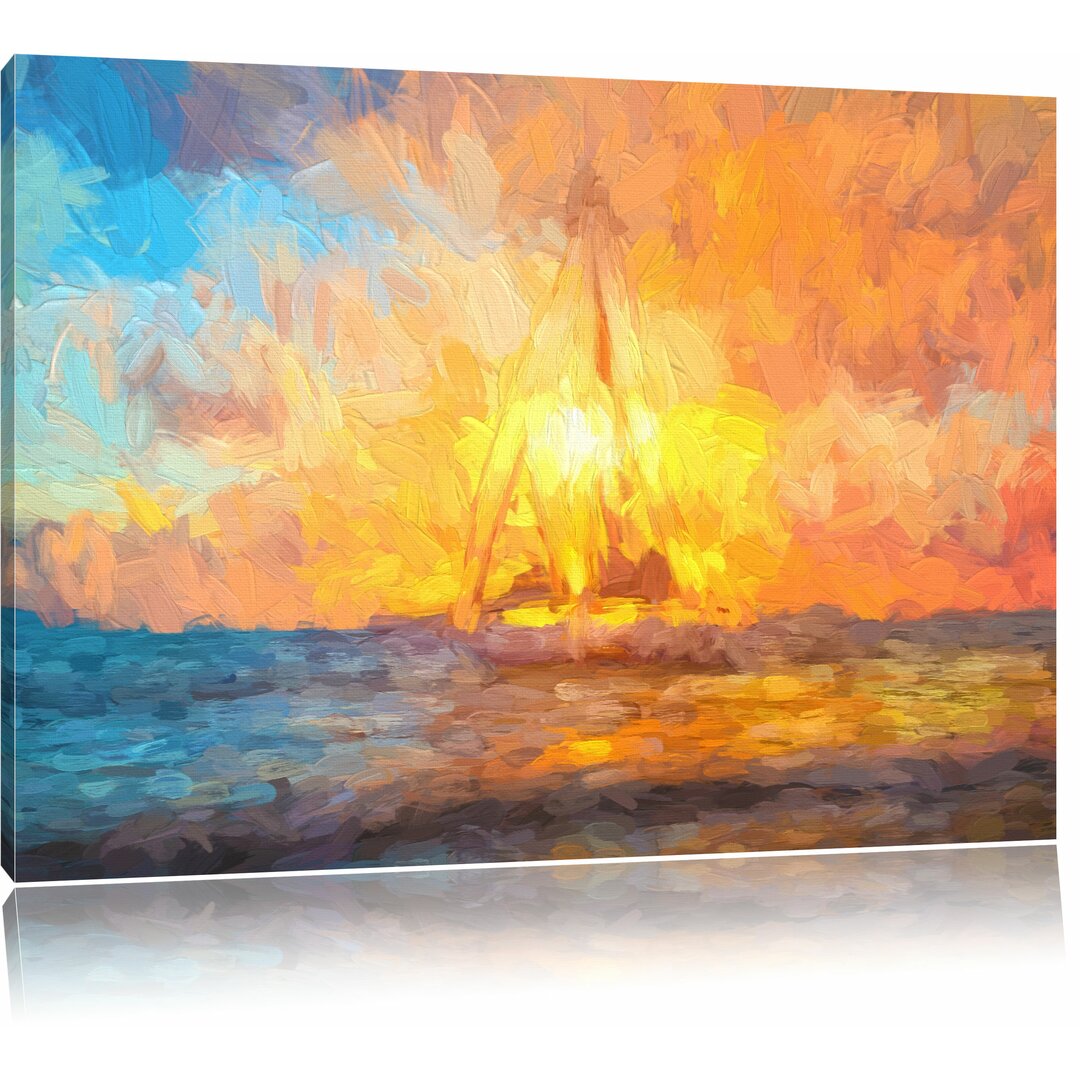 Leinwandbild "Segelboot nahe der Küste im Sonnenuntergang", Grafikdruck