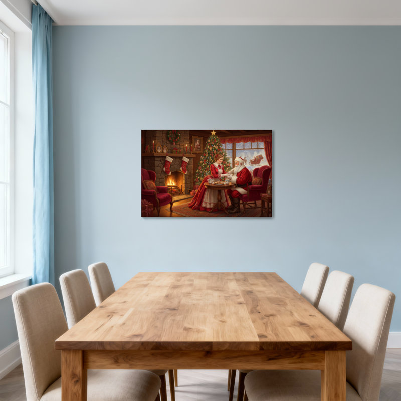 Père Noël et thé de Noël partageant le thé près du foyer, H 12 po x l 18 po