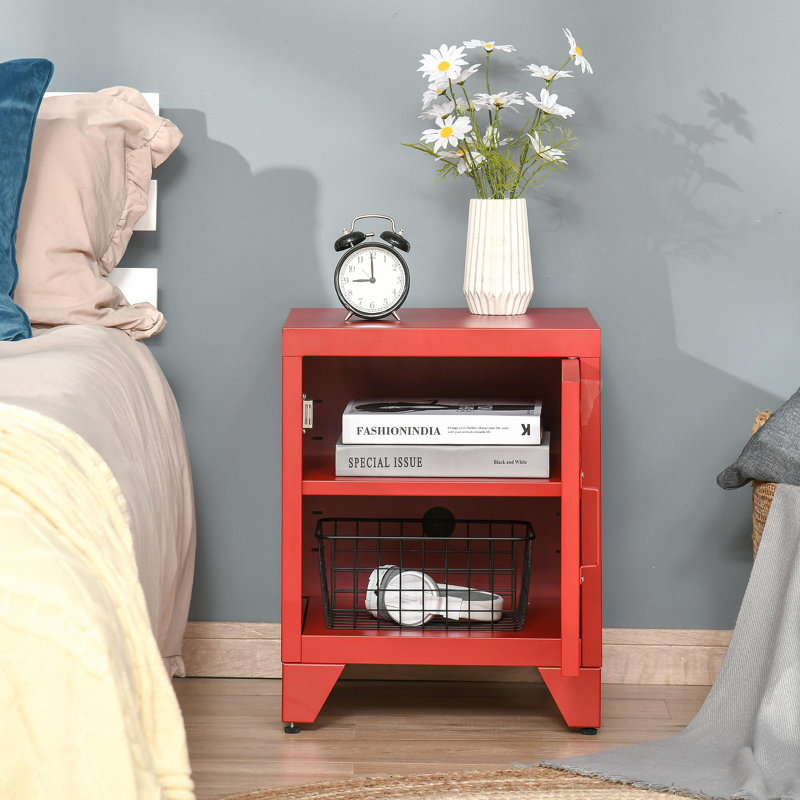 Table de bout industrielle, table d'appoint de salon avec porte de style casier et tablette réglable, rouge