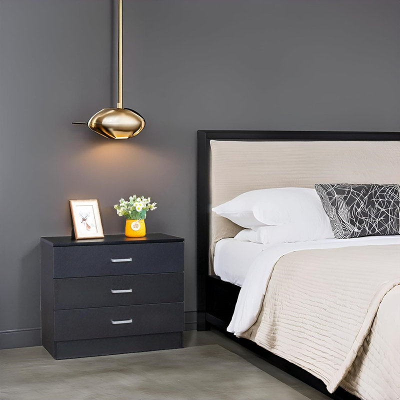 Table de chevet moderne à 3 tiroirs avec poignées en métal - armoire de rangement minimaliste pour chambre à coucher ou salon