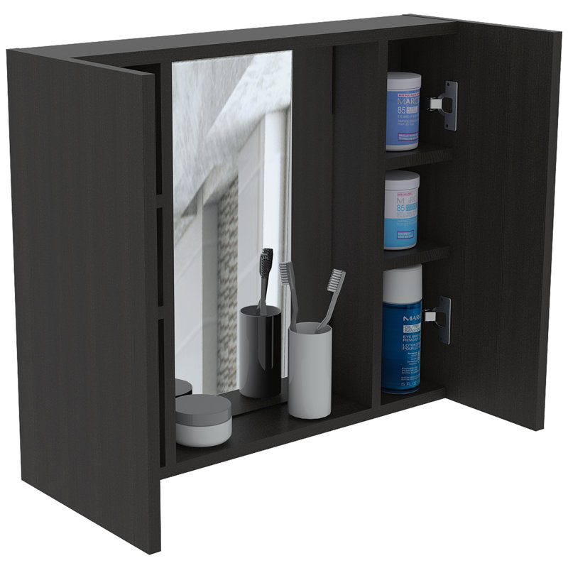 Armoire à pharmacie murale Azile avec miroir et 2 tablettes de rangement latérales pour salle de bain Azile, Wengé noir