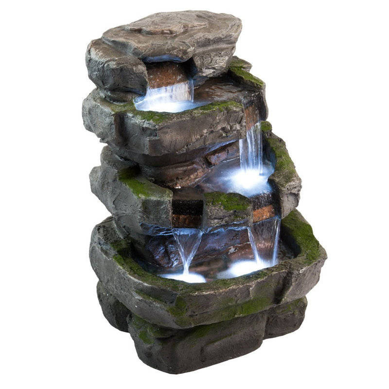 Moss Covered Gray Resin Rock Fountain with LED Lights