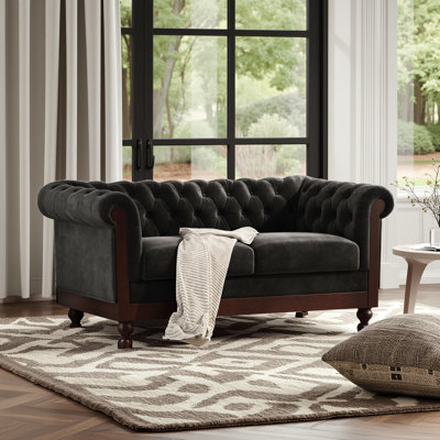 Canapé en velours noir - canapé Chesterfield pour 2 personnes avec accoudoirs roulés et boutons capitonnés pour petits espaces 59,44 po