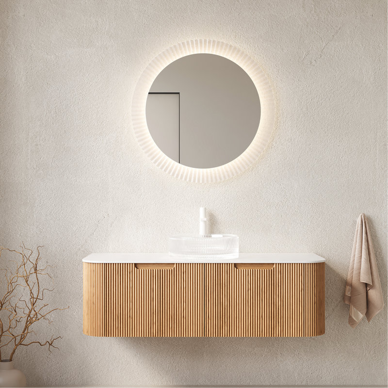 Meuble-lavabo de 122 cm (48 po) avec lavabo rond en verre transparent, rangement en contreplaqué, 2 tiroirs, système de fermeture amortie, armoire en bois naturel à rayures 3D, facile à nettoyer