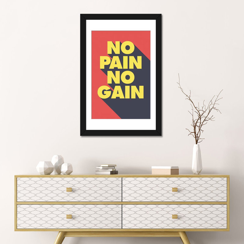 « no douleur, no gain », art textuel sur toile, Blanc, Papier d'art encadré noir, H 32 po x l 24 po x P 1 po