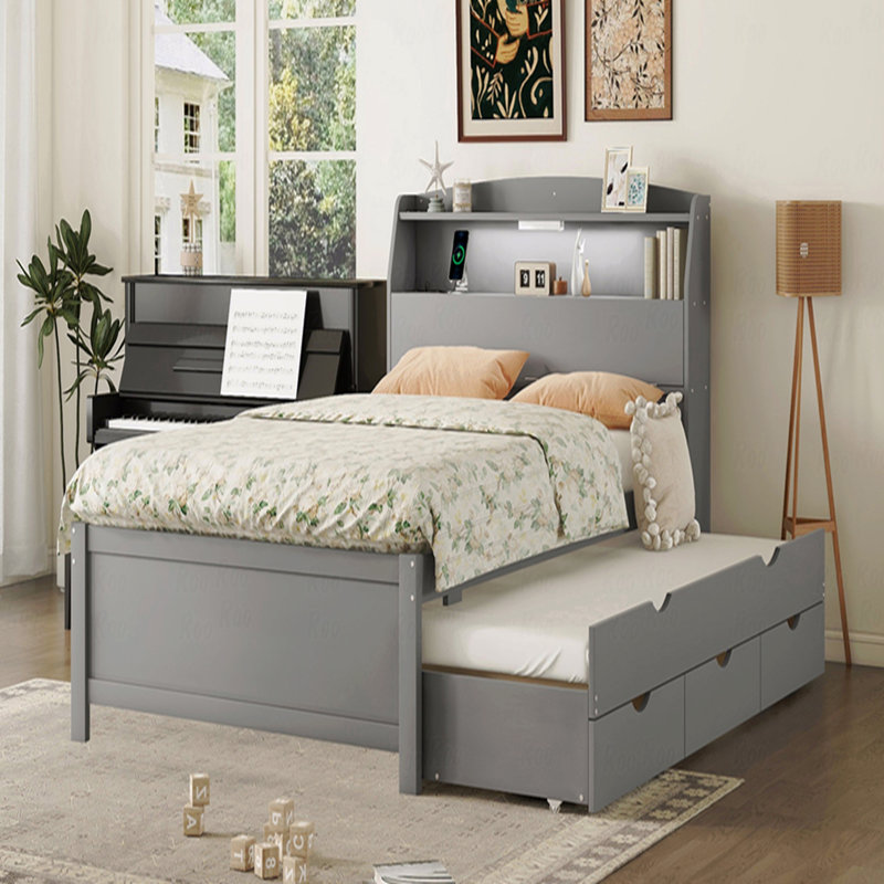 Structure de lit double en bois, lit gigogne, rangement, tiroirs