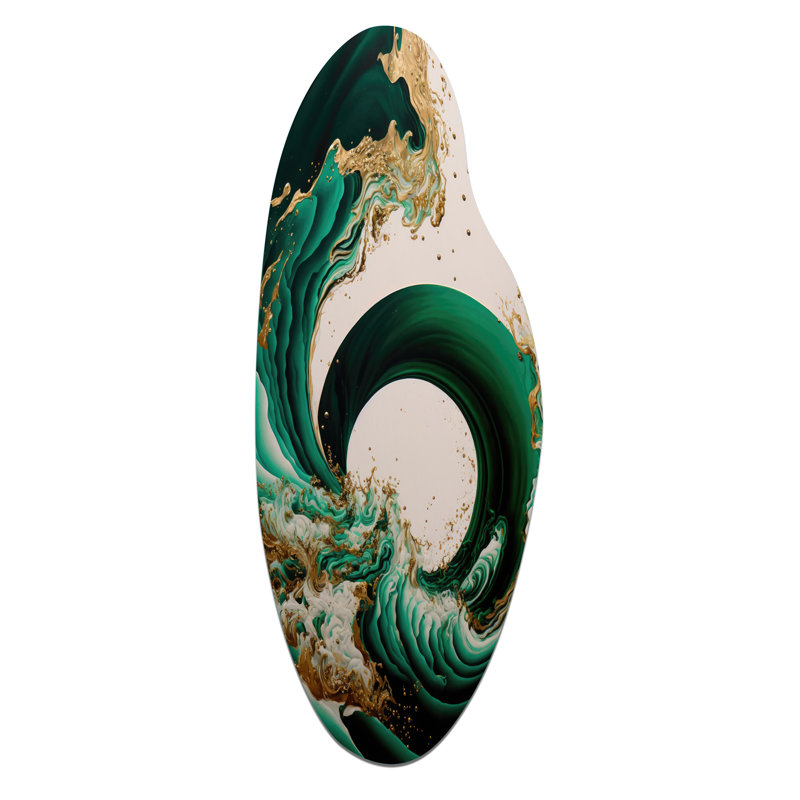 Vert émeraude et or abstrait vagues IV - spirales abstraites, art mural incurvé en métal, impression d'art asymétrique moderne