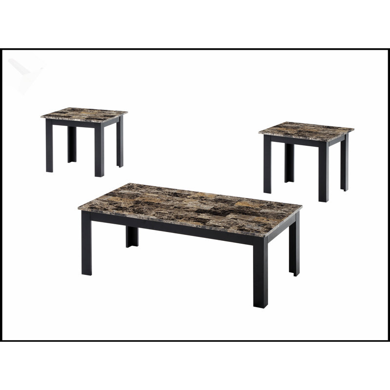 Ensemble de table basse et de table de bout style traditionnel en faux marbre 3 pièces, pieds en bois robustes, Brun