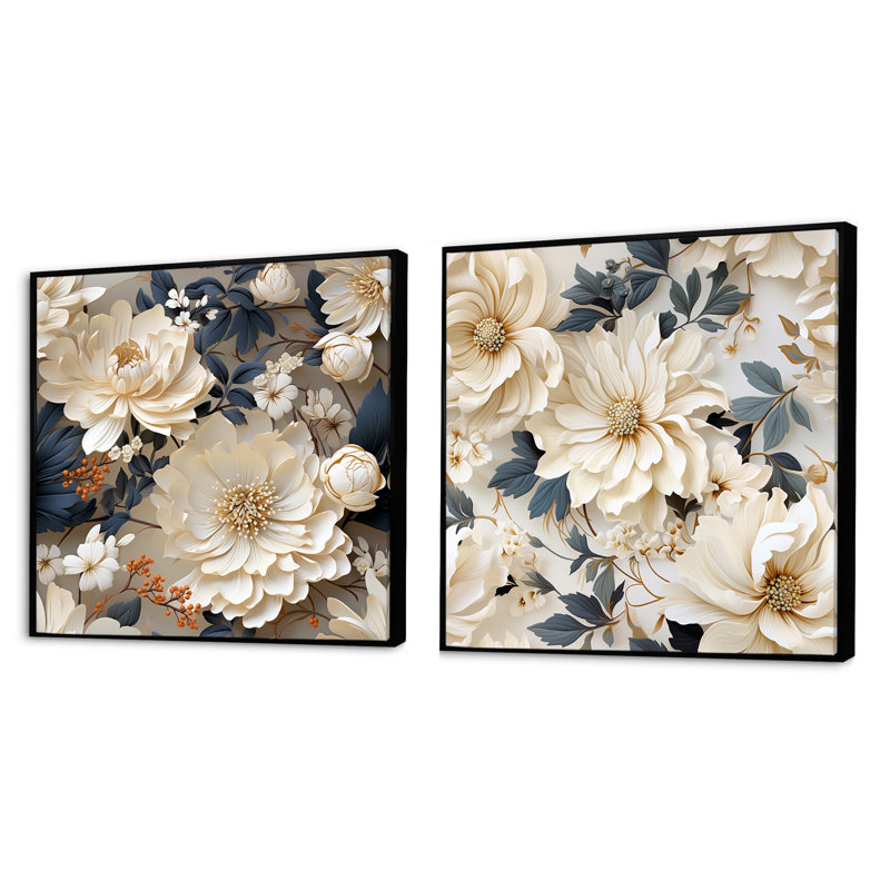 Ethereal Blooms III - Ensemble de 2 collages carrés floraux et botaniques, Cadre flottant noir, H 16 po x l 33 po