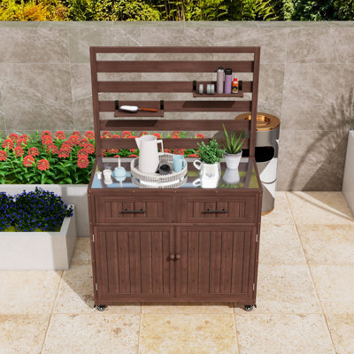Îlot de cuisine en bois avec plateau en acier inoxydable, 2 tiroirs et tablette réglable