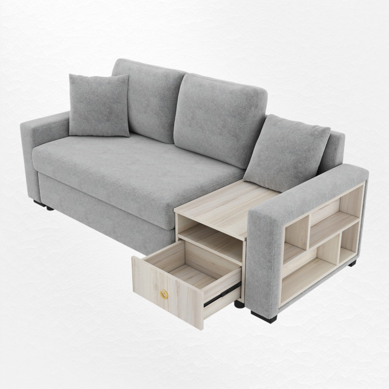 Canapé 2 places en chenille avec accoudoirs, tiroirs et compartiments ouverts, Gray