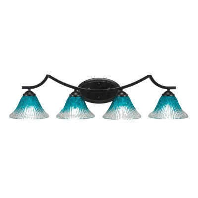Zilo 4 Light Bath Bar Shown In Matte Black Finish With 7" Teal Crystal Glass