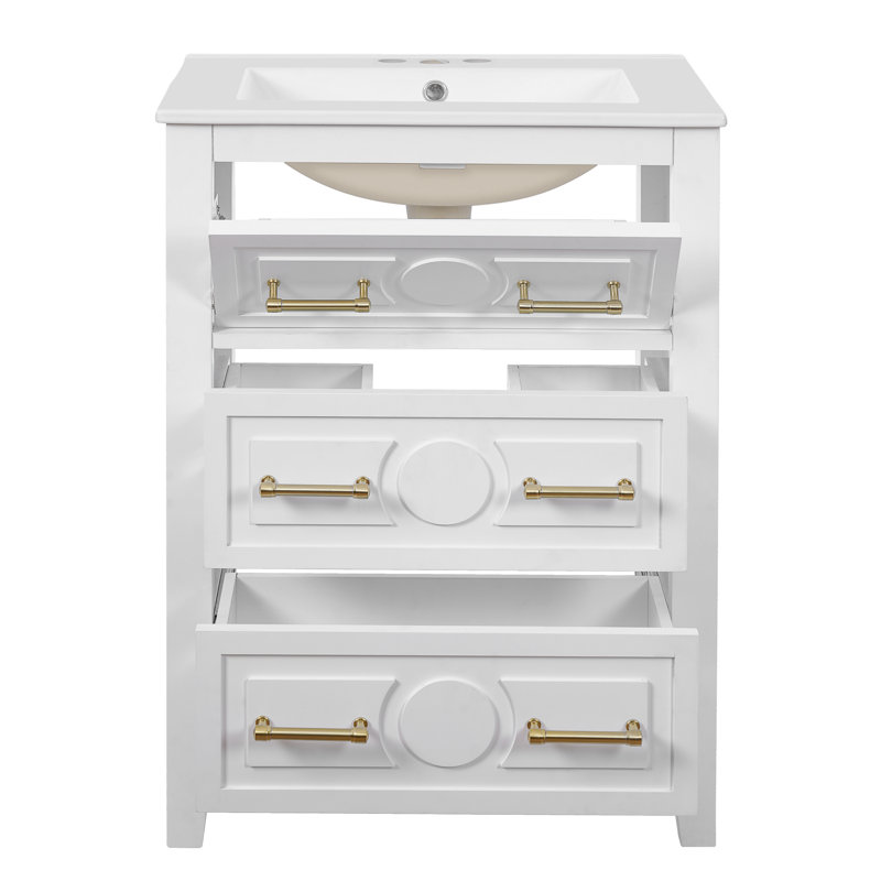 Ensemble de meuble-lavabo de 24 po avec lavabo en céramique, ensemble de meuble-lavabo simple autoportant avec 3 tiroirs, rangement pour salle de bain en bois massif